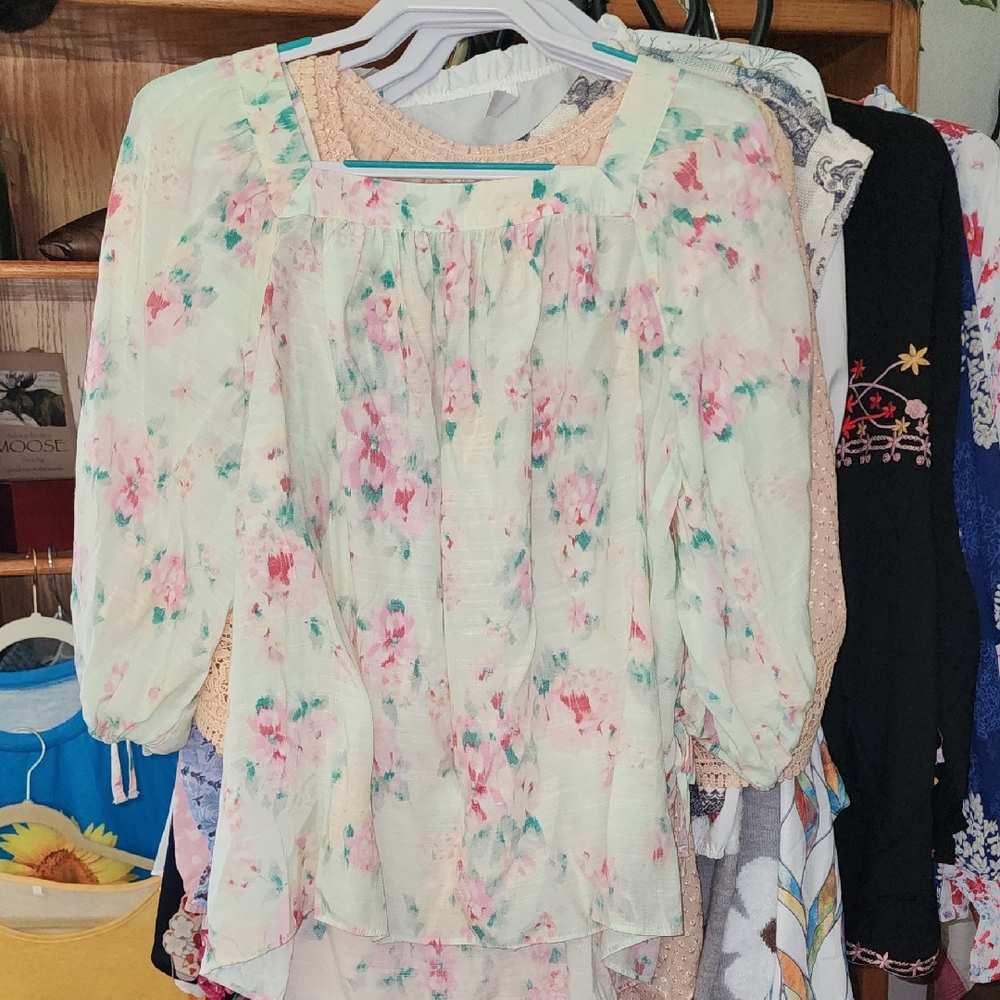 LC Lauren Conrad Floral Blouse - Cream and Pink